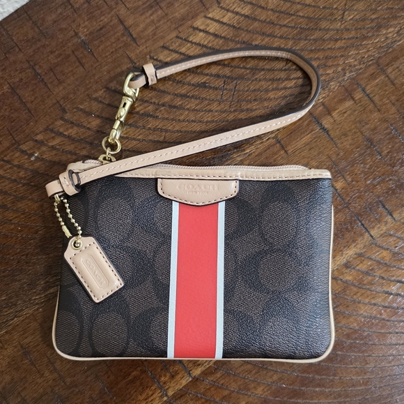Coach Handbags - Coach Signature Hampton Stripe Corner Zip Wristlet With Red Stripe And Mini Tag